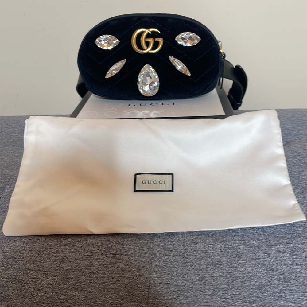Gucci Black Matelasse Velvet Marquise Crystal GG Marmont Belt Bag SOLD!